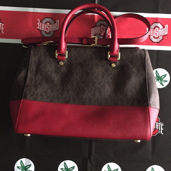 Michael Kors Savannah Signature Small Satchel with Matching Wallet Brown and Red - Picture 2 of 11